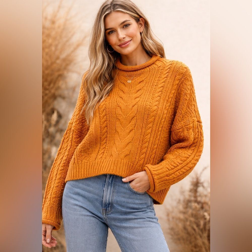 Pilcro Anthropologie Chunky Cable Knit Sweater XL Mustard Orange Boho Cozy